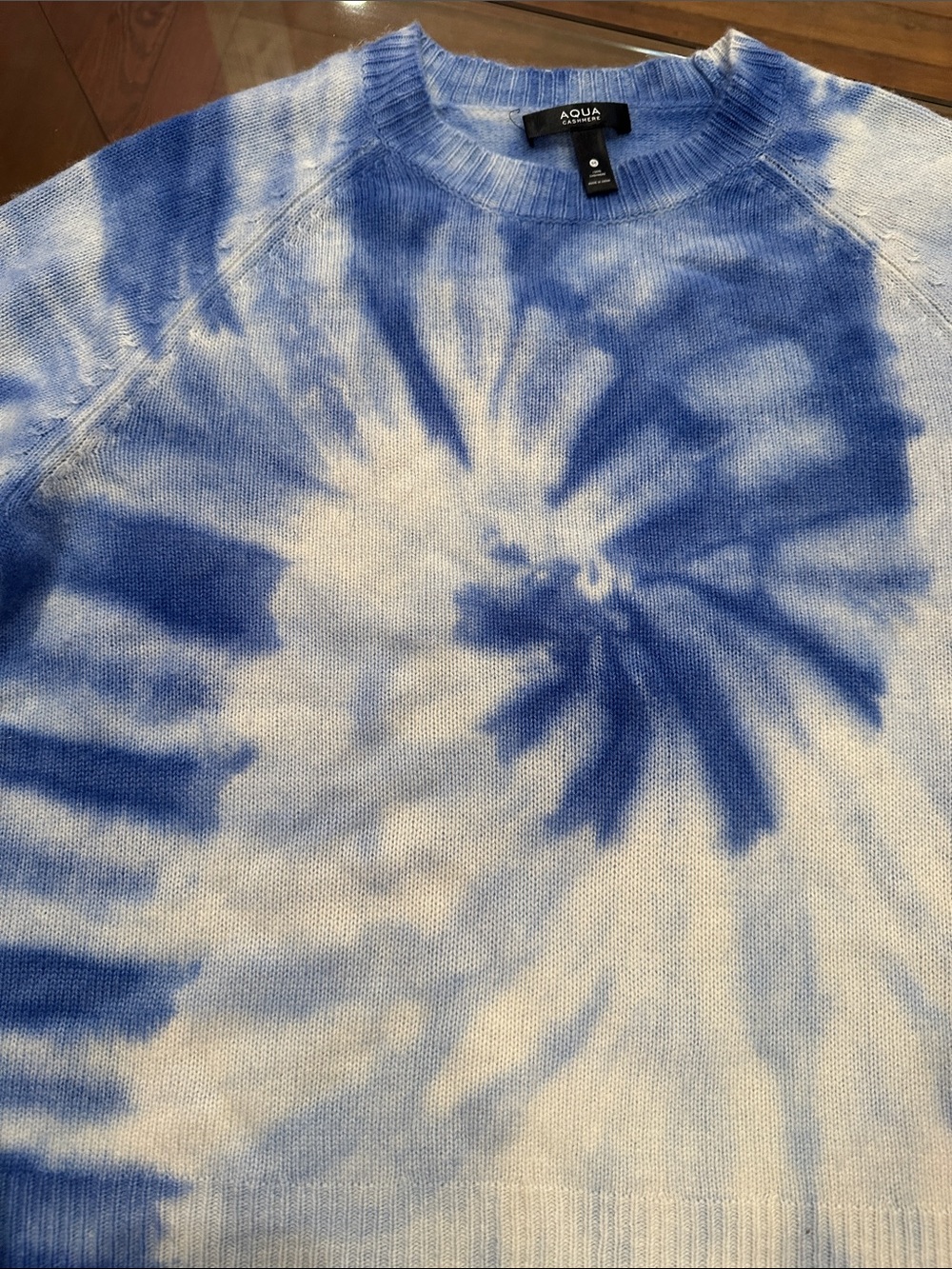Aqua Cashmere Almafi Blue & White Tie-Dye Crewneck Sweater